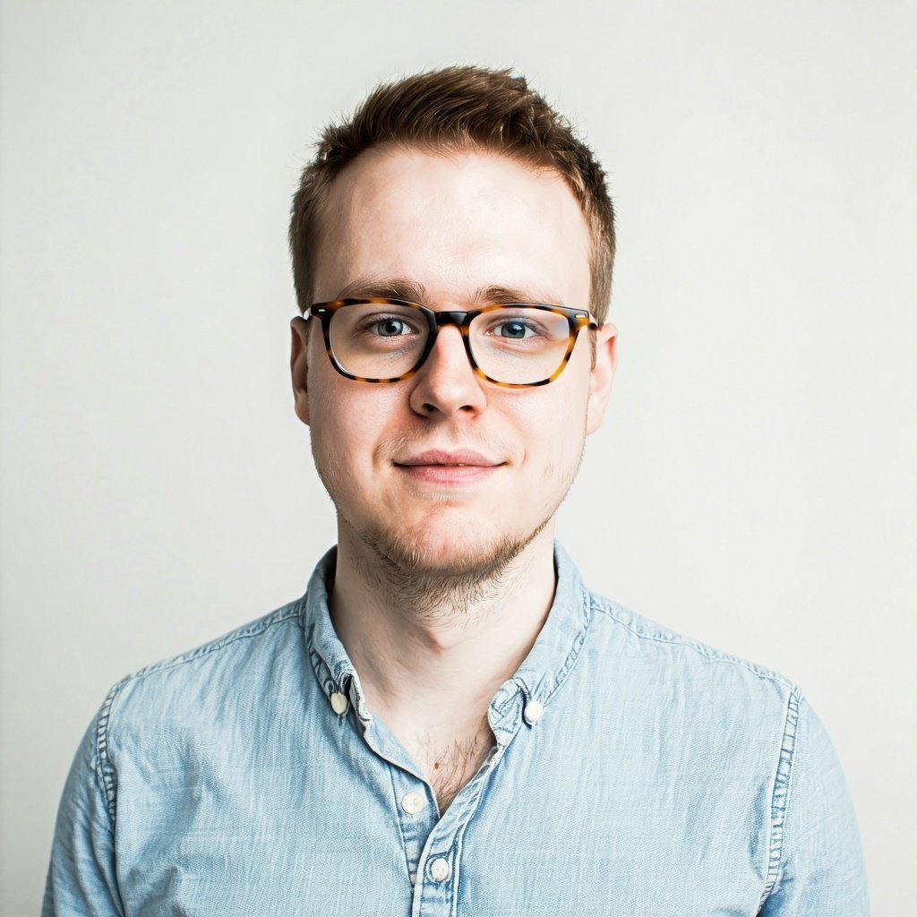 30 year old white man with casual shirt and glasses