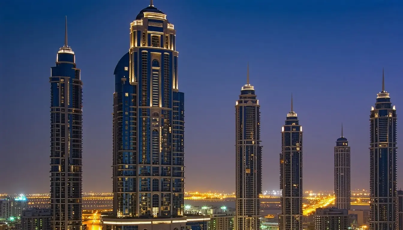 Realistic night view of a highend residential tower in Dubai